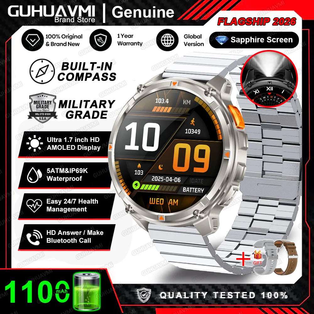 Nuevo Reloj Inteligente T-Rex3 Pro 2026 con Batería de 1100 mAh, GPS, Resistente al Agua 5ATM, Rastreador Deportivo, Brújula, para Actividades al Aire Libre, Estilo Militar