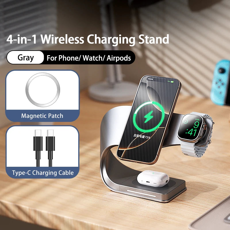 Cargador Inalámbrico Magnético Qi de 15W, 4 en 1, Carcasa Metálica, Estación de Carga Rápida de 15W para iPhone 12-17, Teléfonos Móviles, Airpods y Relojes