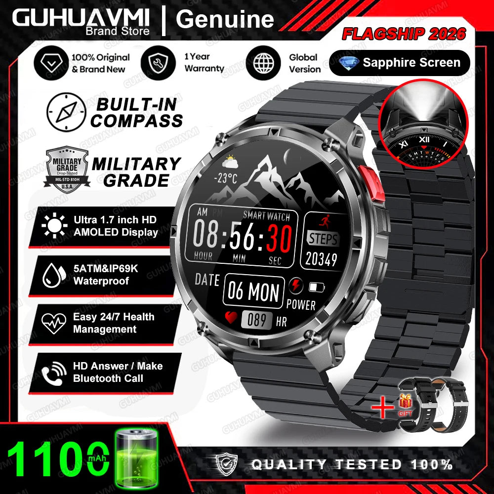 Nuevo Reloj Inteligente T-Rex3 Pro 2026 con Batería de 1100 mAh, GPS, Resistente al Agua 5ATM, Rastreador Deportivo, Brújula, para Actividades al Aire Libre, Estilo Militar