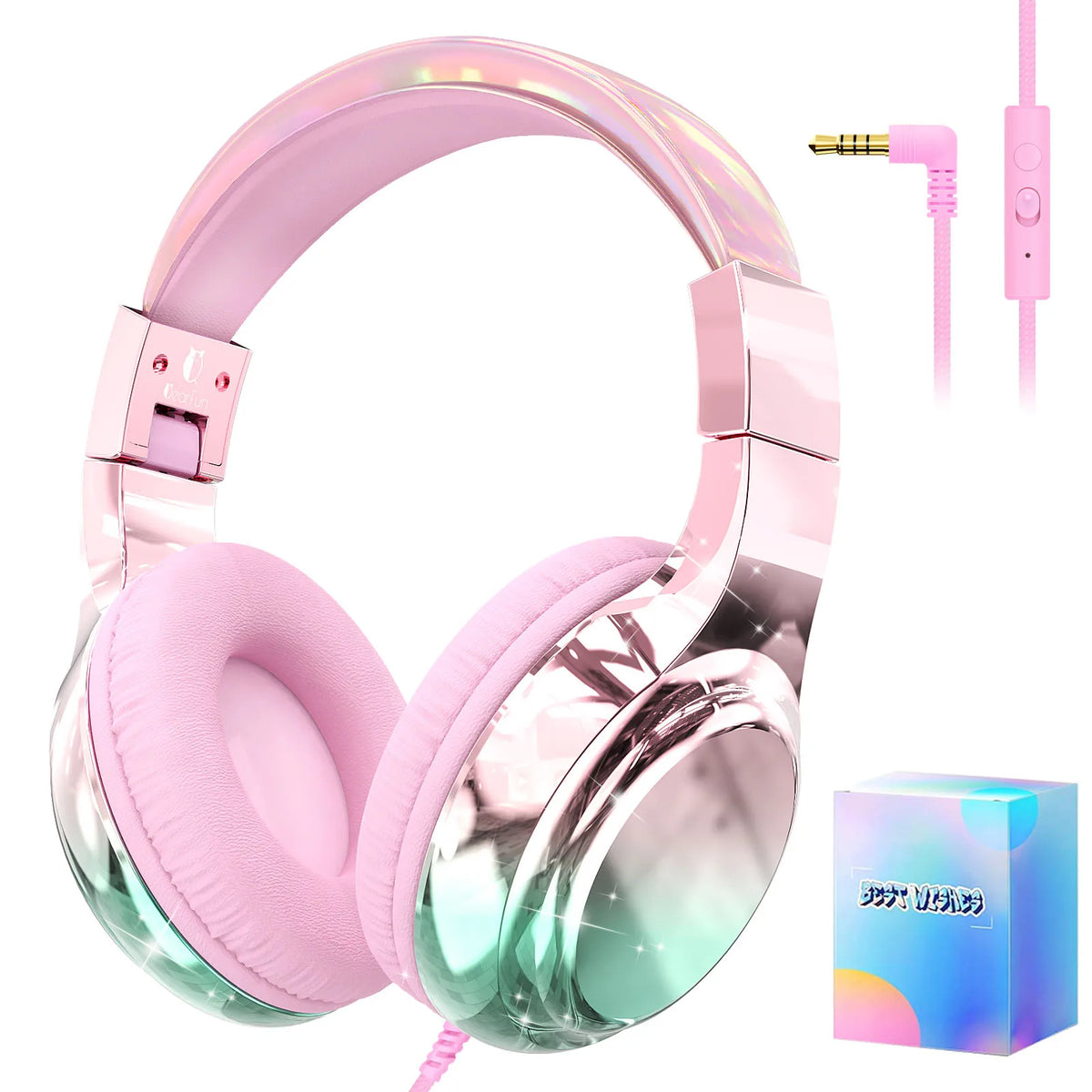 Auriculares para niños con cable para la escuela, limitador de volumen de 85/94dB, auriculares de sonido estéreo plegables con micrófono para niños y niñas, tableta de aprendizaje para PC