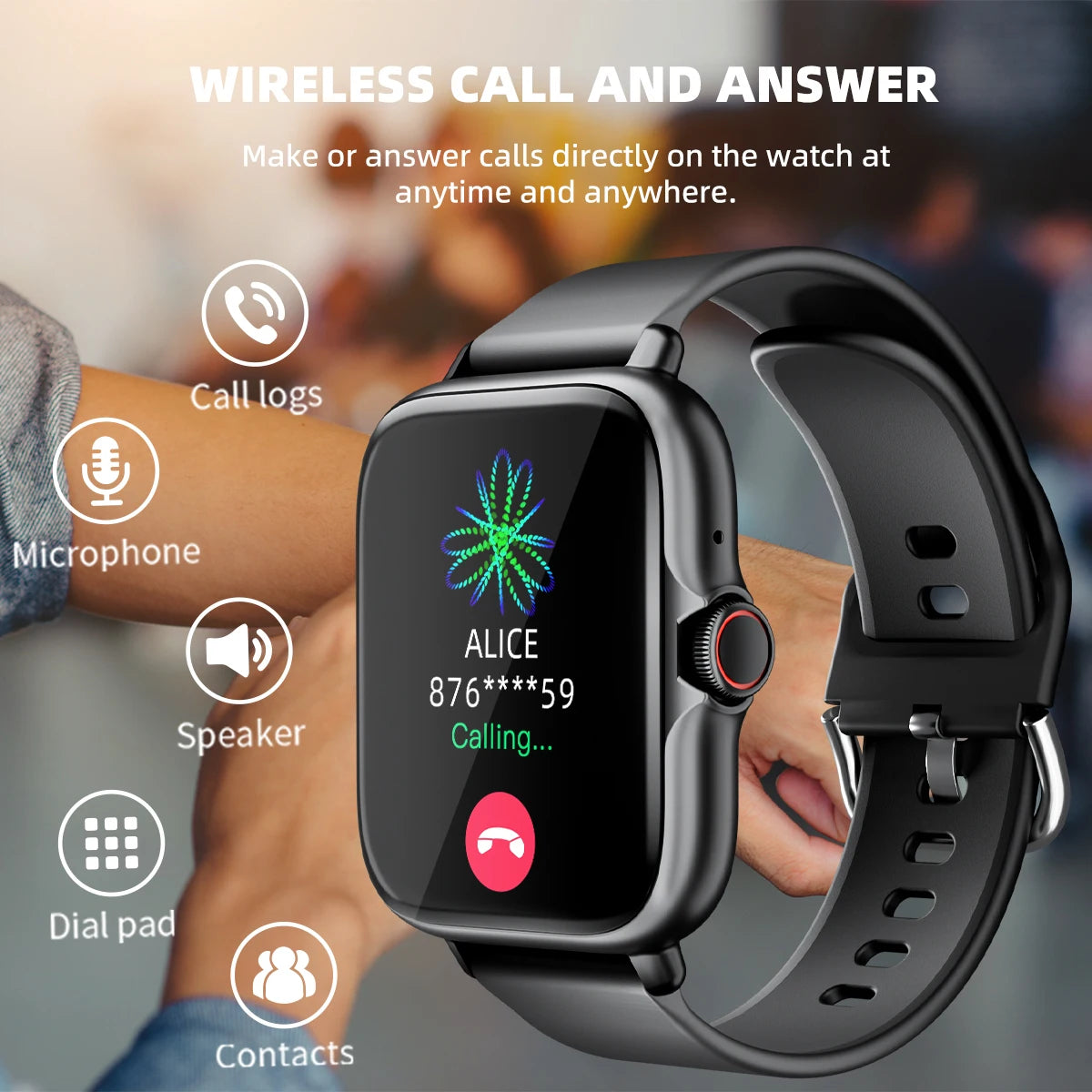 Reloj inteligente resistente al agua de 1,83 pulgadas con mensaje, respuesta a llamadas, monitoreo del sueño, podómetro deportivo, alertas de información para iPhone y Android