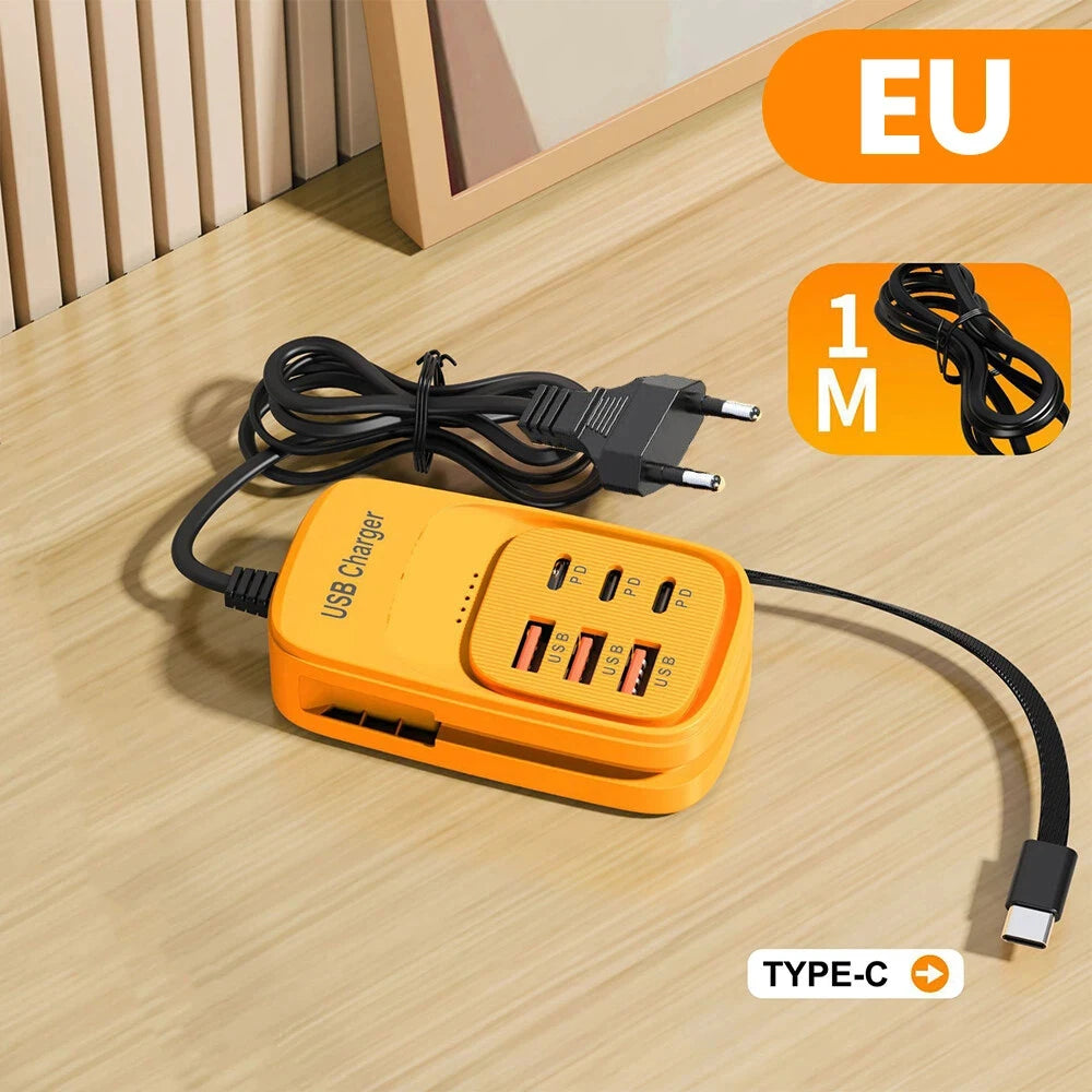 Estación de Carga USB Multi-Puerto 6 en 1, 3PD 3USB, Regleta de Escritorio, Adaptador de Carga Rápida, Enchufe EU, UK, US, Enchufe de Viaje