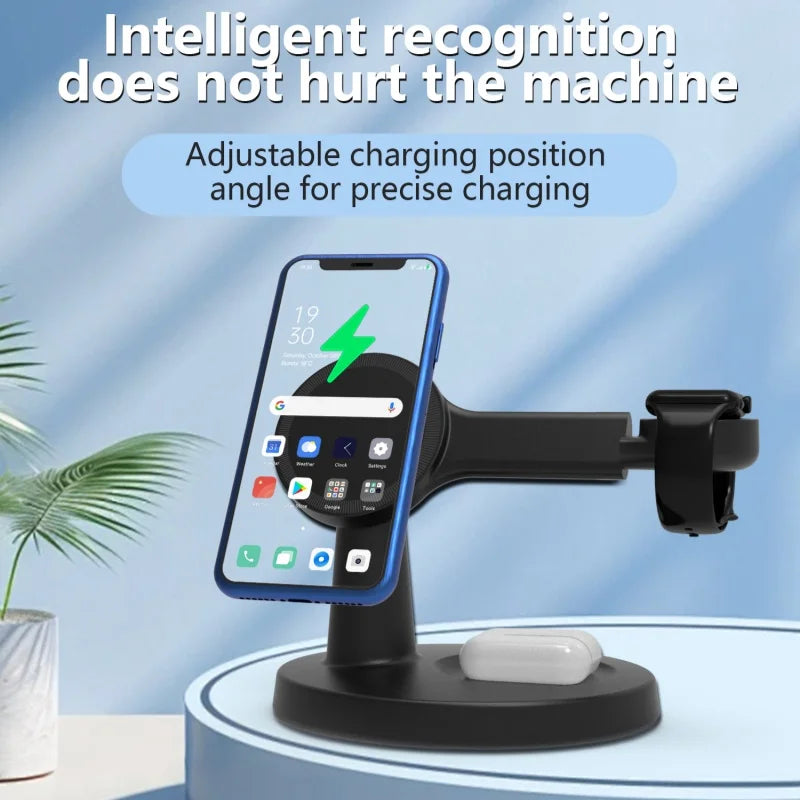 El Soporte de Carga Inalámbrico Tres en Uno para Teléfonos Móviles y Auriculares Ofrece Carga Rápida de 15W y Es Compatible con Relojes IOS