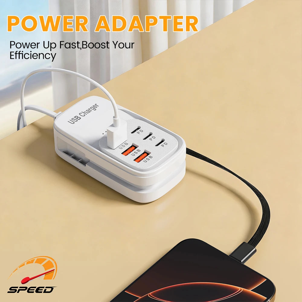 Estación de Carga USB Multi-Puerto 6 en 1, 3PD 3USB, Regleta de Escritorio, Adaptador de Carga Rápida, Enchufe EU, UK, US, Enchufe de Viaje