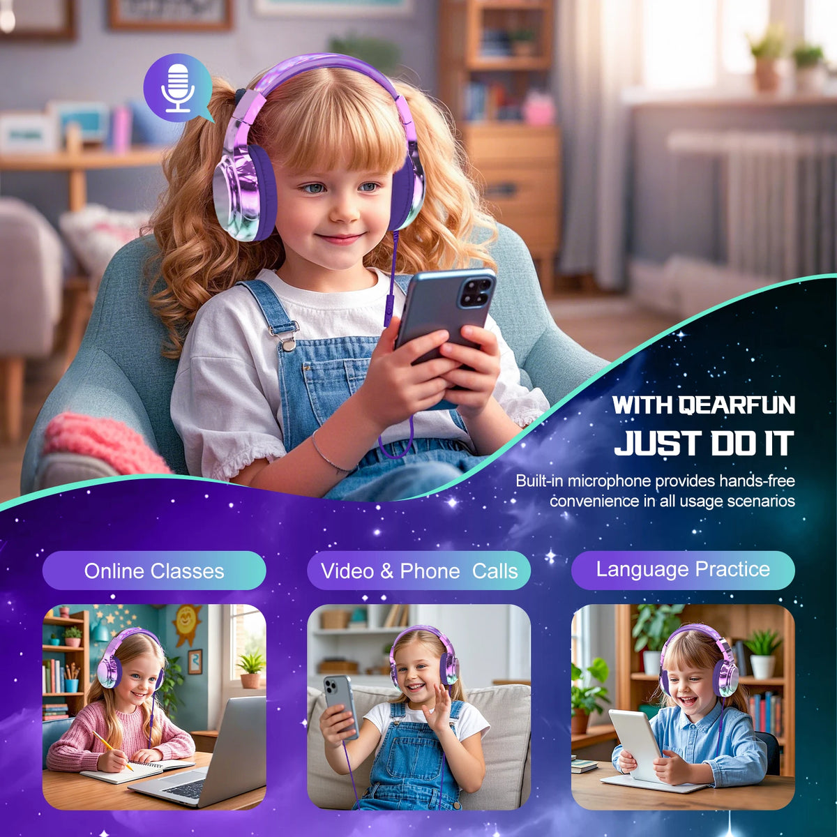 Auriculares para niños con cable para la escuela, limitador de volumen de 85/94dB, auriculares de sonido estéreo plegables con micrófono para niños y niñas, tableta de aprendizaje para PC