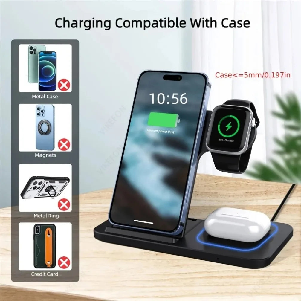 Estación de Carga Inalámbrica Plegable 3 en 1 para iPhone 17 16 15 14 13 12 Pro Max, iWatch 11, Airpods Pro 4/3, Base de Carga Rápida