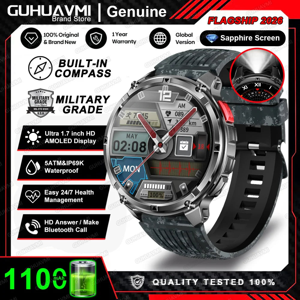 Nuevo Reloj Inteligente T-Rex3 Pro 2026 con Batería de 1100 mAh, GPS, Resistente al Agua 5ATM, Rastreador Deportivo, Brújula, para Actividades al Aire Libre, Estilo Militar