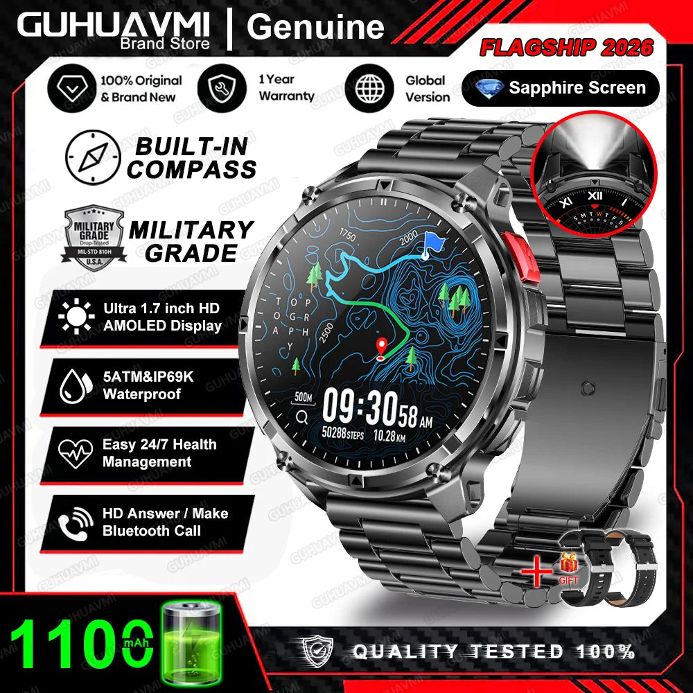 Nuevo Reloj Inteligente T-Rex3 Pro 2026 con Batería de 1100 mAh, GPS, Resistente al Agua 5ATM, Rastreador Deportivo, Brújula, para Actividades al Aire Libre, Estilo Militar