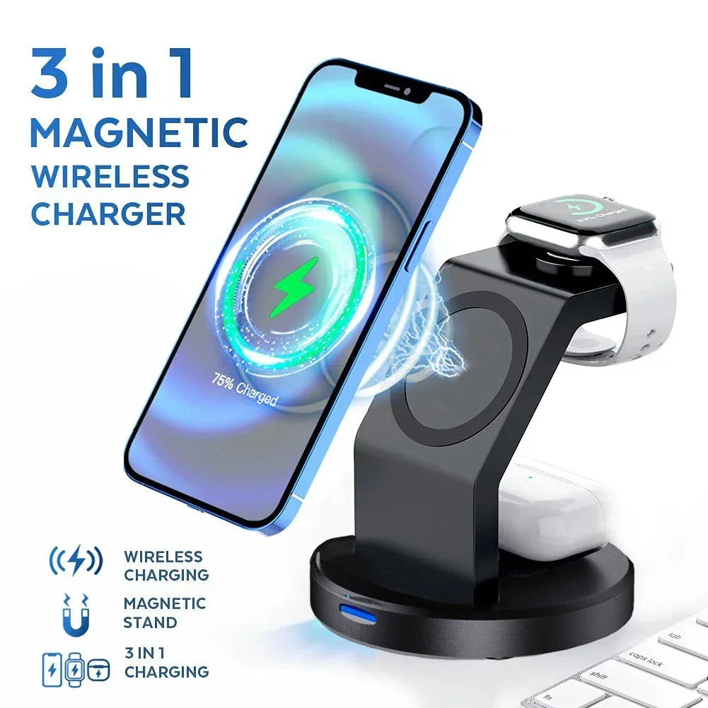 Soporte de cargador inalámbrico magnético 3 en 1 para iPhone 16 15 14 13 Pro Max iWatch AirPods estación de carga rápida MagSafe