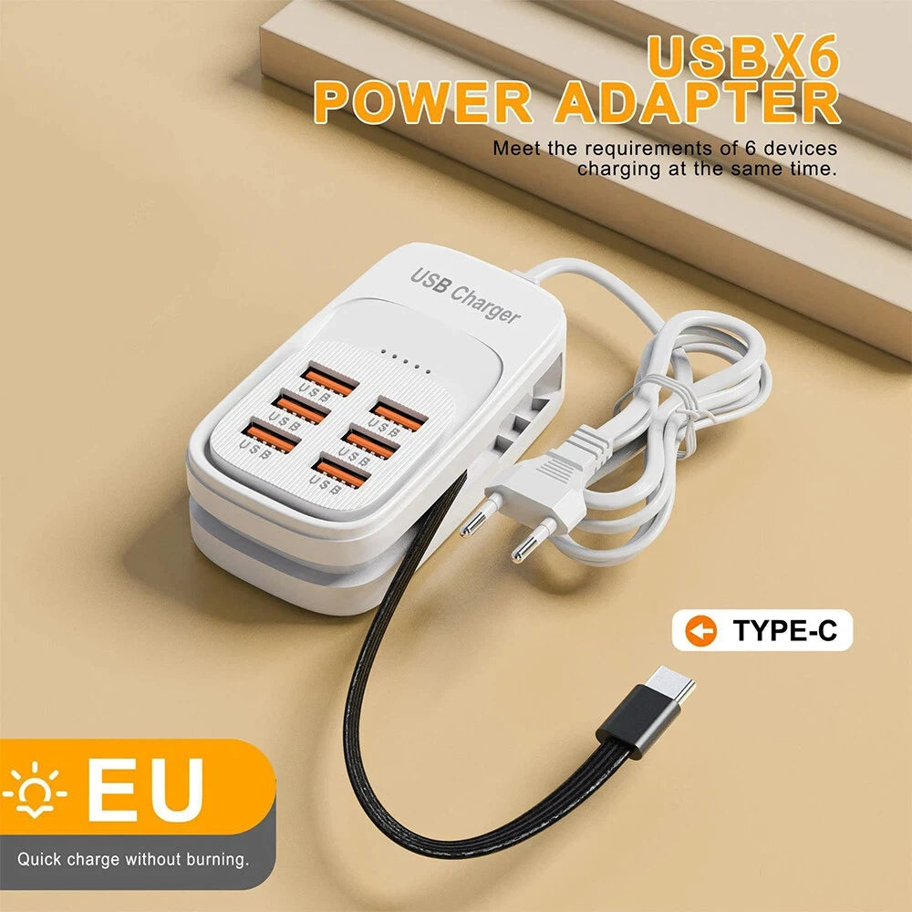 Estación de Carga USB Multi-Puerto 6 en 1, 3PD 3USB, Regleta de Escritorio, Adaptador de Carga Rápida, Enchufe EU, UK, US, Enchufe de Viaje