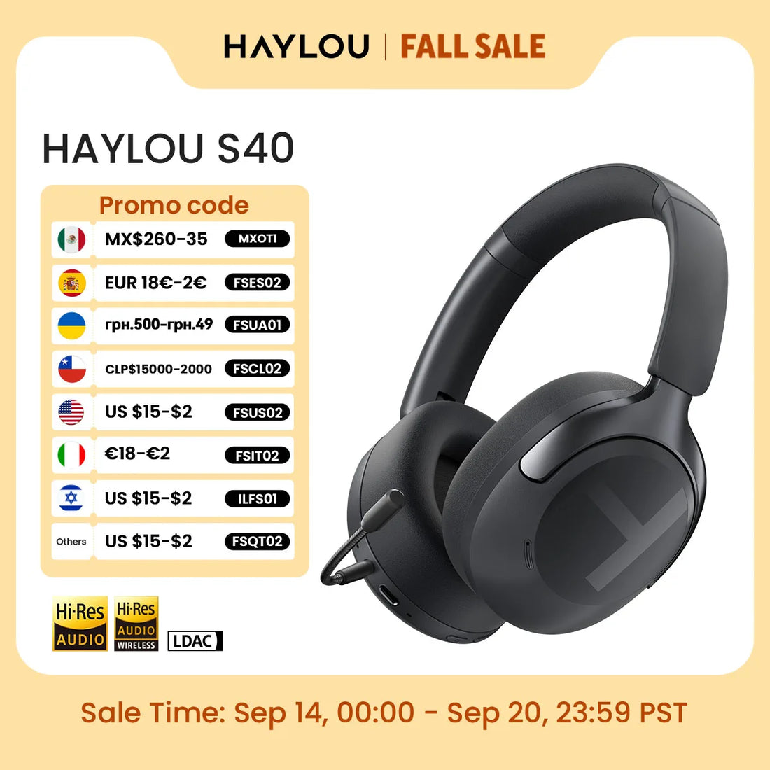 Auriculares Inalámbricos HAYLOU S40 ANC con Cancelación de Ruido de 50dB, Audio Espacial 3D de Alta Resolución, con LDAC Bluetooth 6.0, Auriculares Over-Ear