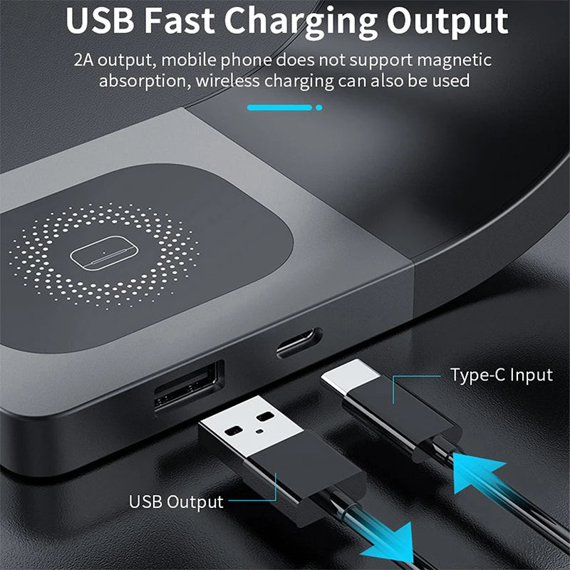 Cargador Inalámbrico Magnético Qi de 15W, 4 en 1, Carcasa Metálica, Estación de Carga Rápida de 15W para iPhone 12-17, Teléfonos Móviles, Airpods y Relojes