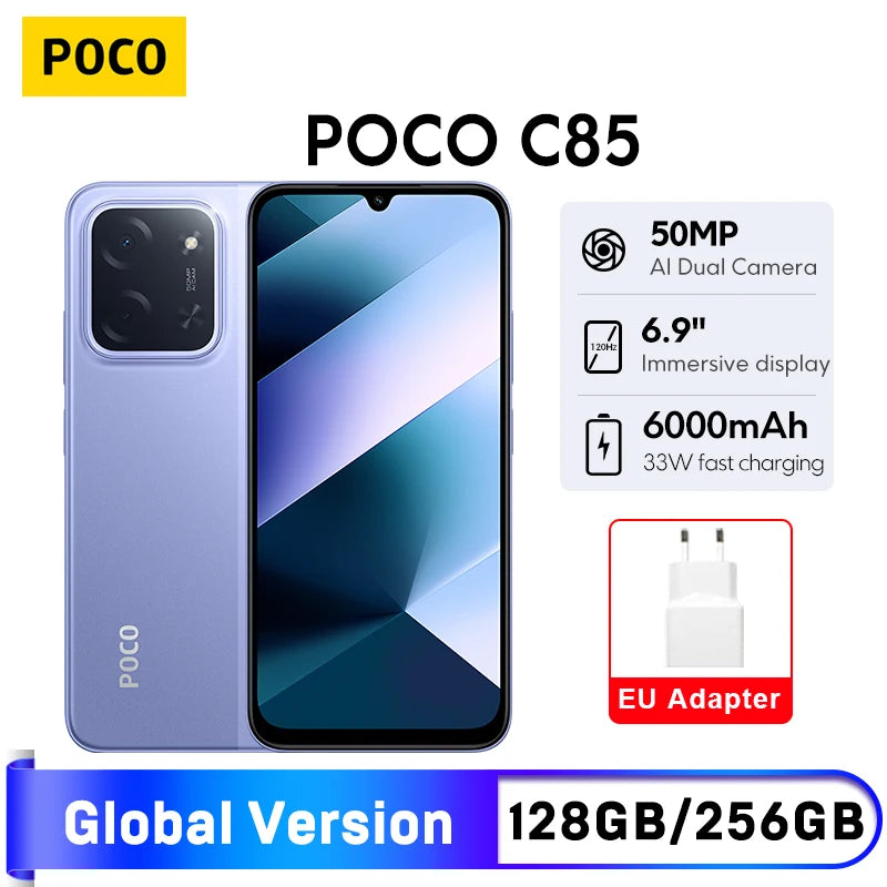 POCO C85 versión Global Smartphone 6,9 "pantalla Dot Drop batería de 6000mAh cámara de 50MP 33W Helio G81-Ultra NFC