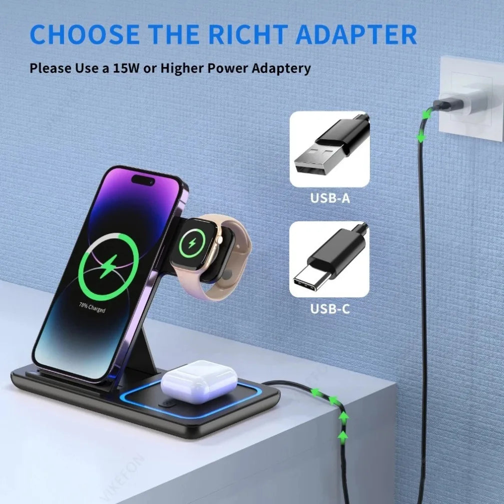 Estación de Carga Inalámbrica Plegable 3 en 1 para iPhone 17 16 15 14 13 12 Pro Max, iWatch 11, Airpods Pro 4/3, Base de Carga Rápida