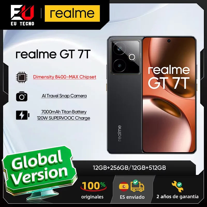 Versión EU del teléfono inteligente realme GT 7T 5G con Dimensity 8400-MAX, pantalla de 6.8 pulgadas y 120Hz, batería de 7000mAh con carga SUPERVOOC de 120W, cámara de 50MP