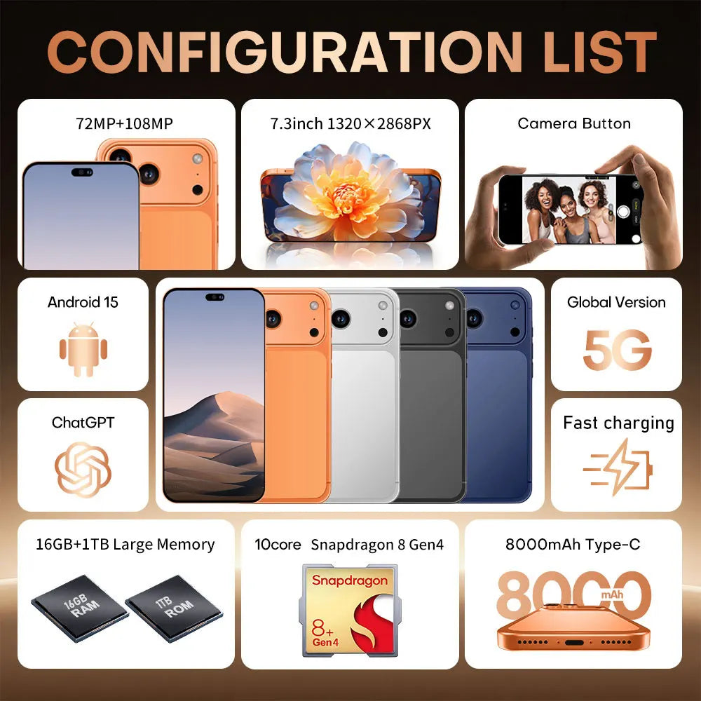 Nuevo Teléfono Inteligente 5G con IA para 17 Pro Max 7.3HD 22G+2TB, Teléfonos Móviles Android con Doble SIM, 7800mAh, Desbloqueado, Versión Global