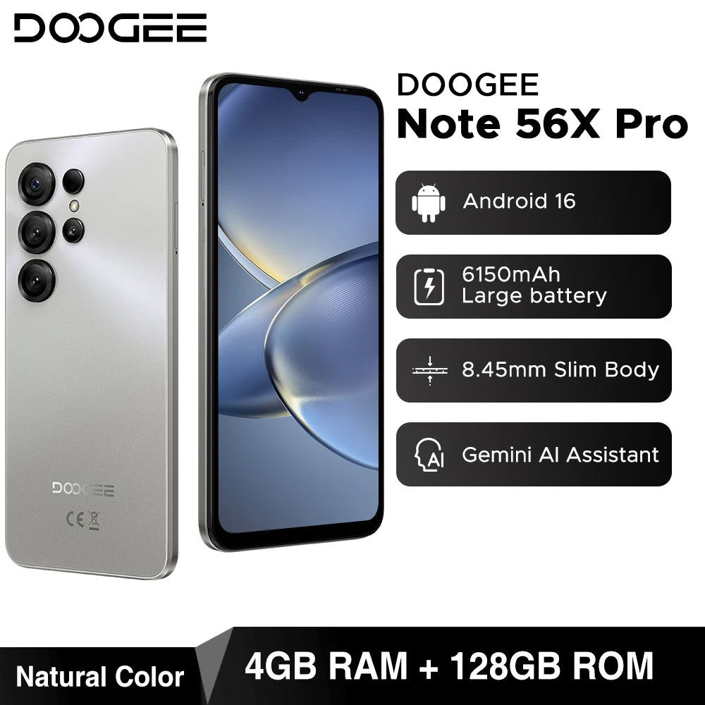 Teléfono Móvil DOOGEE Note56 X PRO, Cuerpo Delgado de 8.45mm, Batería de 6150mAh, Asistente de IA Gemini, Widevine L1, Android 16, Smartphone con NFC
