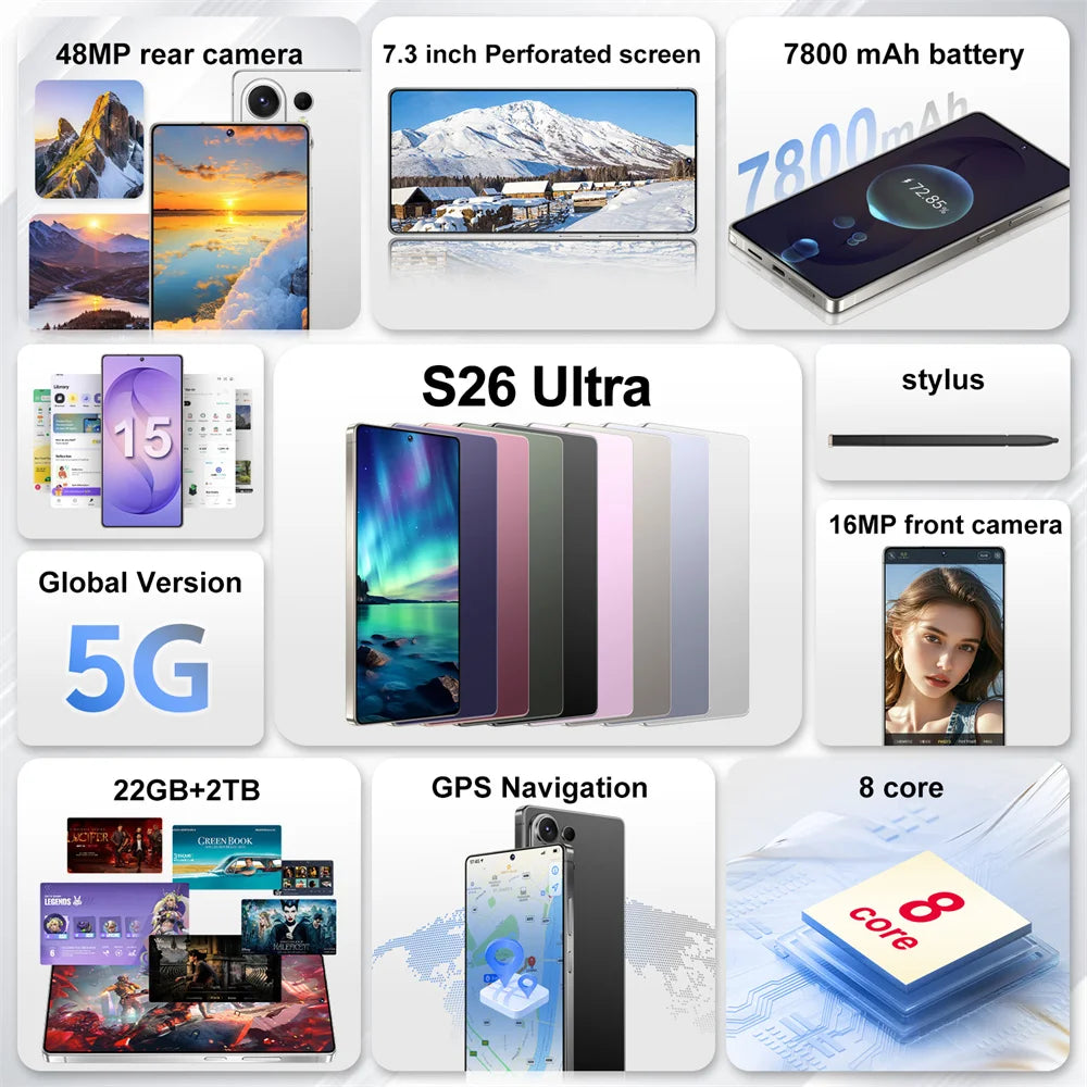 Nuevos Teléfonos Móviles S26 Ultra Smartphone Android 5G 7.3HD, 22G+2TB, 7800mAh, Desbloqueado, Doble SIM, Wifi, Versión Global