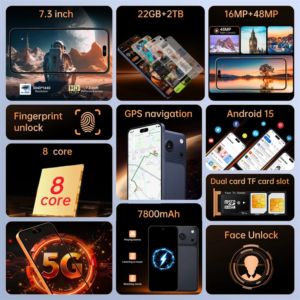 Nuevo Teléfono Inteligente Android 5G Ai 17 Pro Max 7.3HD, Teléfonos Móviles Inteligentes con Doble SIM, 7800 mAh, 22 GB + 2 TB, Desbloqueado, 16+48 MP