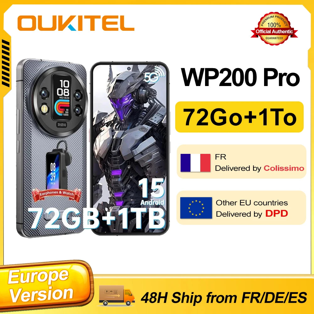 OUKITEL WP200 Pro 72(24+48)GB+1TB Smartphone resistente 5G 6,7 ''120Hz 108MP+32MP 8800mAh 45W Android 15 AI NFC teléfono móvil