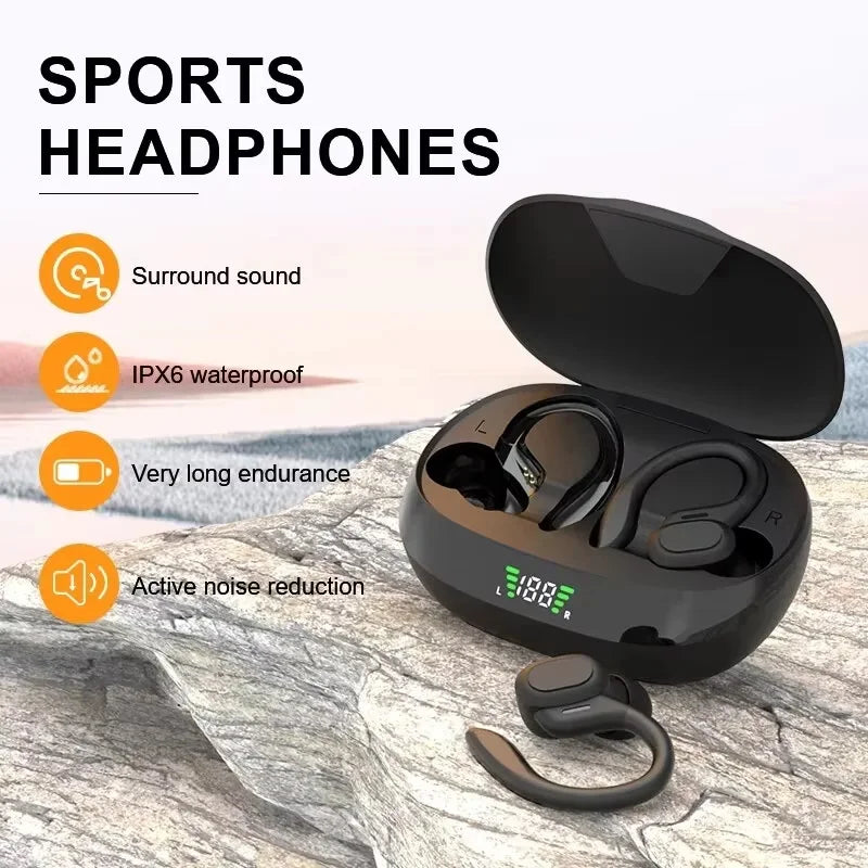 Auriculares inalámbricos deportivos 5,3 con micrófono con cancelación de ruido 75H estéreo HiFi sobre la oreja pantalla LED USB-C IPX6