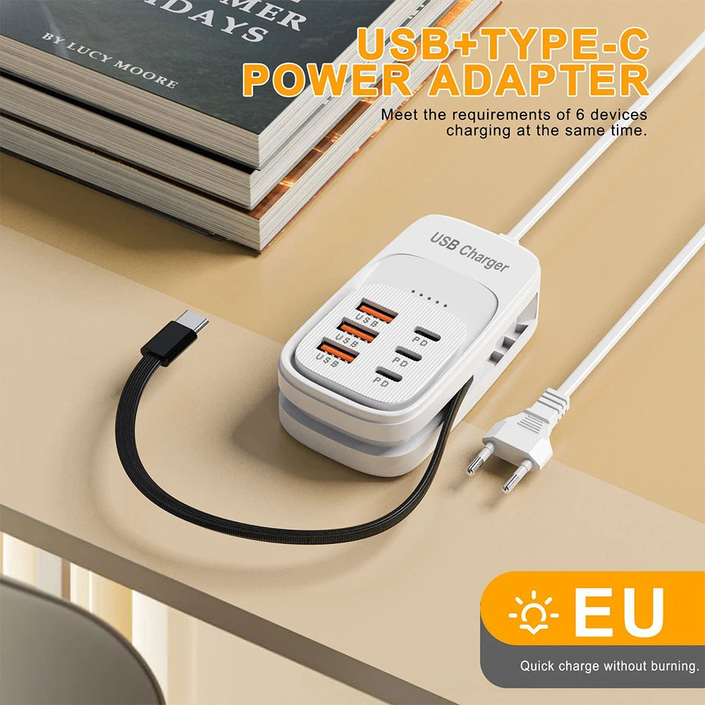 Estación de Carga USB Multi-Puerto 6 en 1, 3PD 3USB, Regleta de Escritorio, Adaptador de Carga Rápida, Enchufe EU, UK, US, Enchufe de Viaje