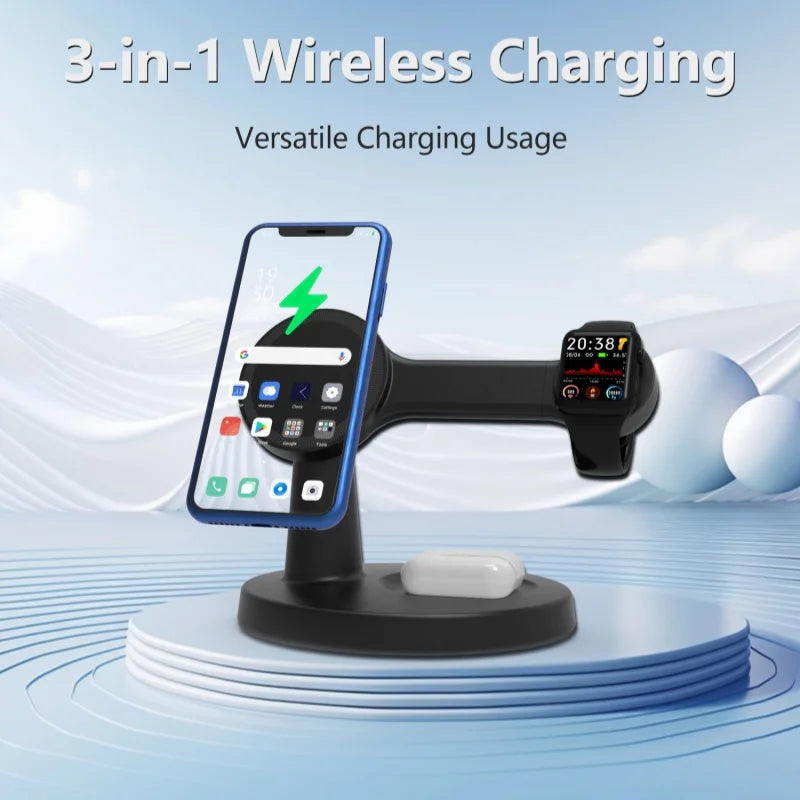El Soporte de Carga Inalámbrico Tres en Uno para Teléfonos Móviles y Auriculares Ofrece Carga Rápida de 15W y Es Compatible con Relojes IOS