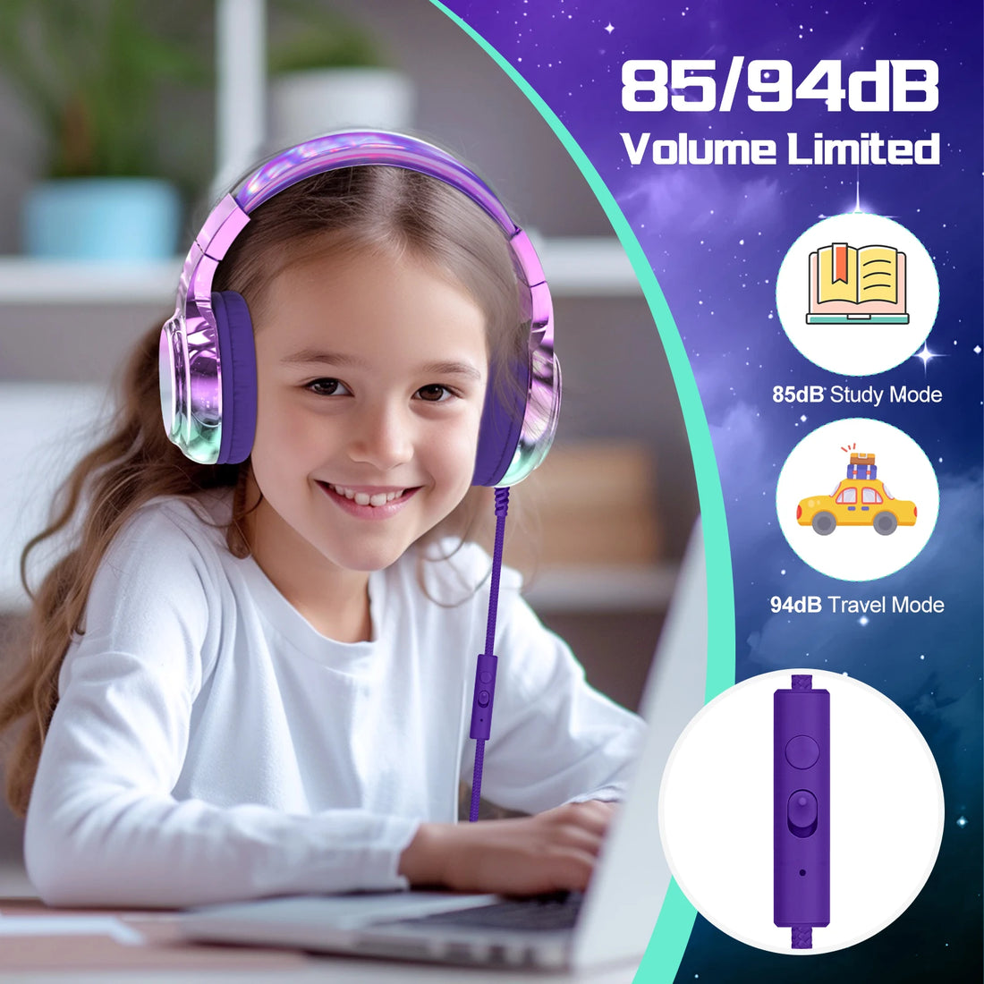 Auriculares para niños con cable para la escuela, limitador de volumen de 85/94dB, auriculares de sonido estéreo plegables con micrófono para niños y niñas, tableta de aprendizaje para PC