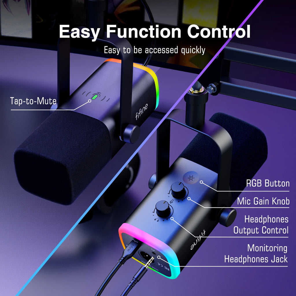 Kit de micrófono para juegos FIFINE XLR/USB con conector para auriculares/silencio/RGB/soporte de brazo, juego de micrófono dinámico para PC PS5/4 mezclador amplificador AM8T