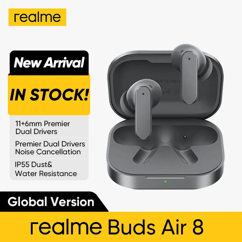 Versión Global realme Buds Air 8, Auriculares Inalámbricos con Cancelación de Ruido Ultra Profunda de 55dB, Bluetooth 5.4, LHDC 5.0, IP55