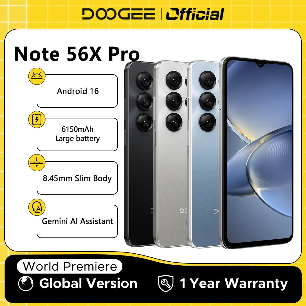 Teléfono Móvil DOOGEE Note56 X PRO, Cuerpo Delgado de 8.45mm, Batería de 6150mAh, Asistente de IA Gemini, Widevine L1, Android 16, Smartphone con NFC