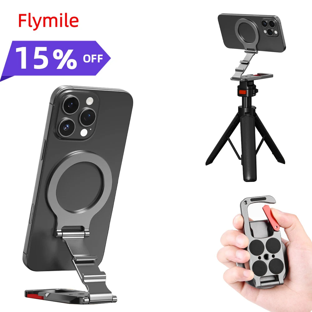 Soporte magnético para teléfono Flymile con mosquetón, compatible con iPhone 18 Pro Max, 17, 16, 15 y accesorios, trípode compatible con MagSafe.