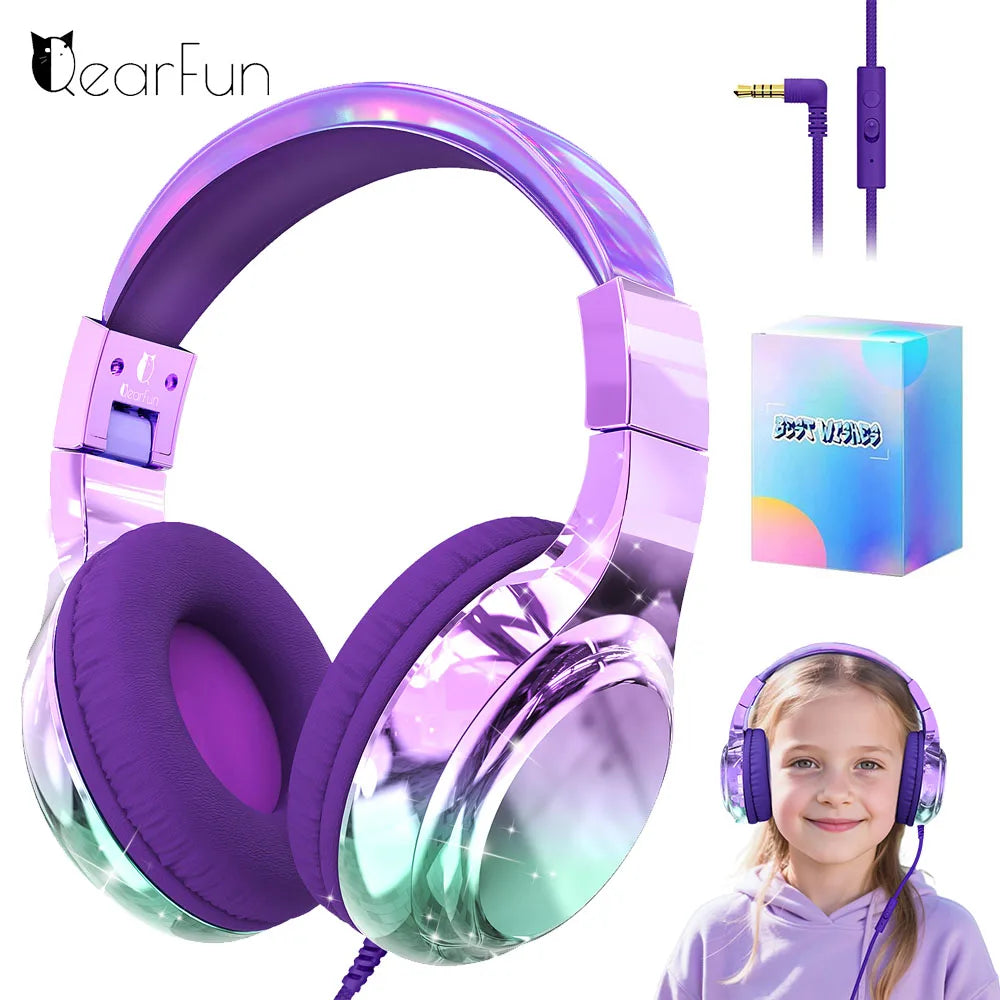 Auriculares para niños con cable para la escuela, limitador de volumen de 85/94dB, auriculares de sonido estéreo plegables con micrófono para niños y niñas, tableta de aprendizaje para PC