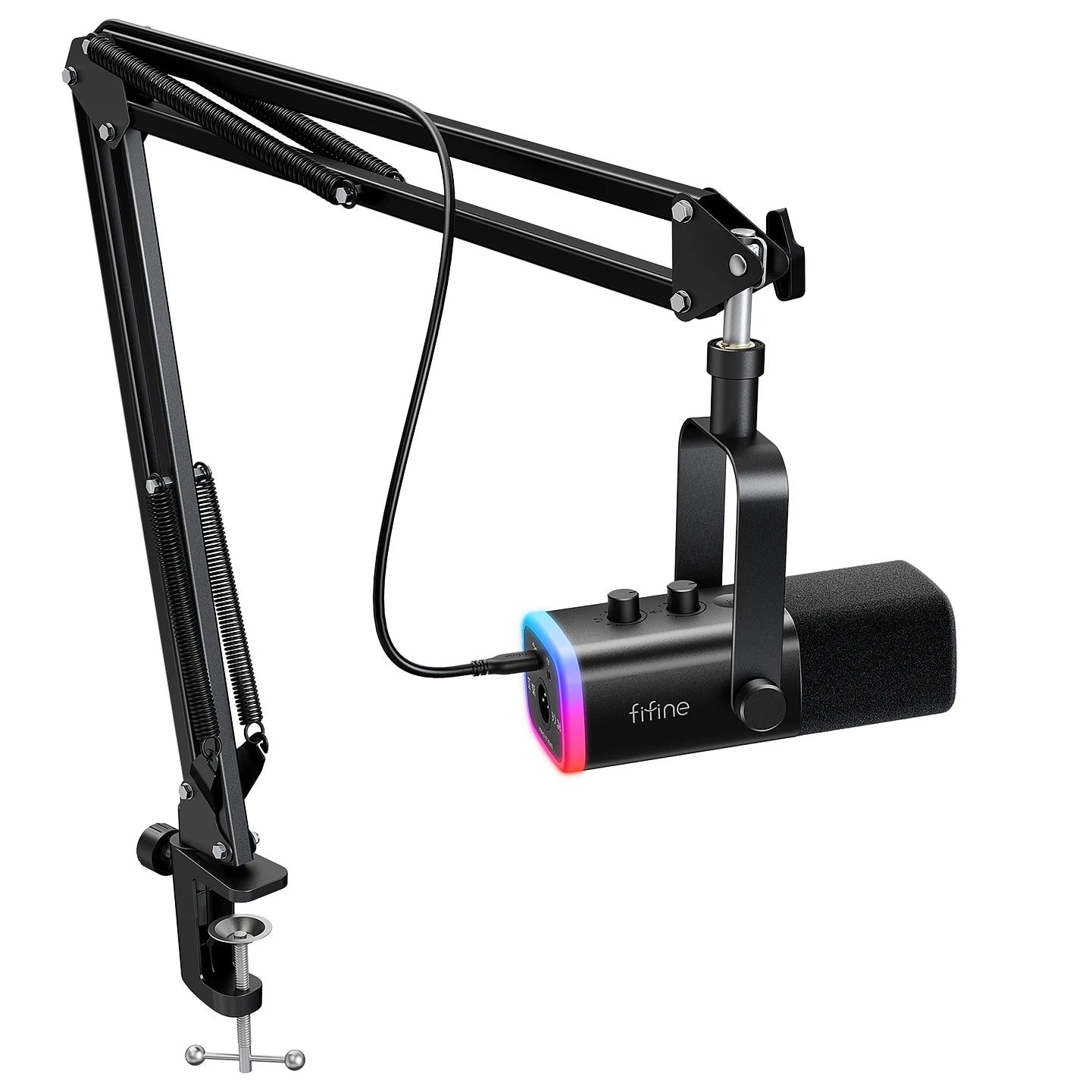 Kit de micrófono para juegos FIFINE XLR/USB con conector para auriculares/silencio/RGB/soporte de brazo, juego de micrófono dinámico para PC PS5/4 mezclador amplificador AM8T