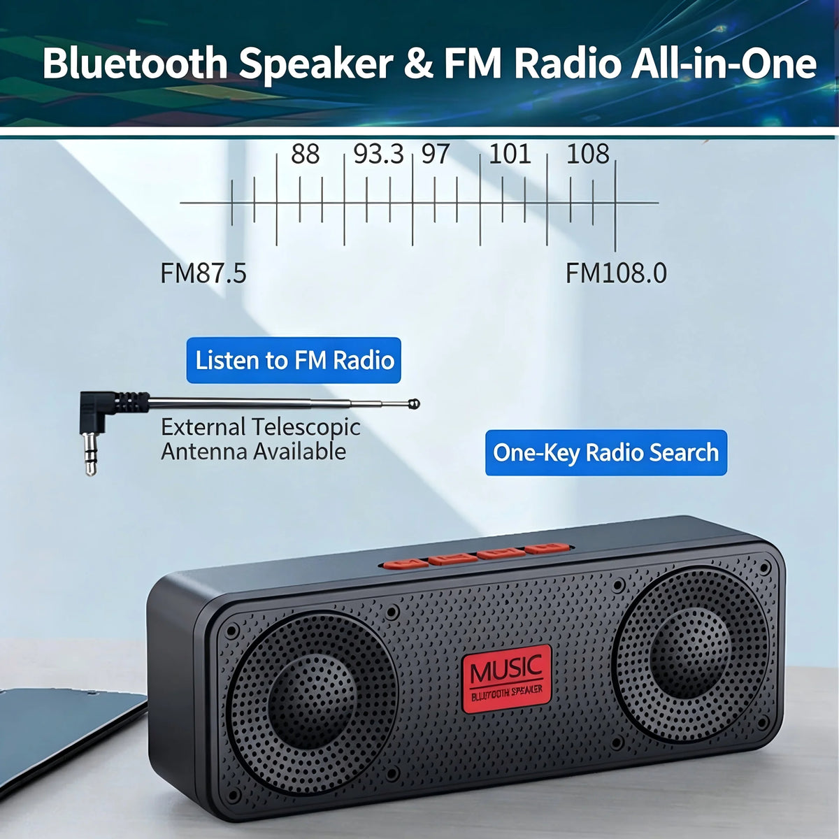 Altavoz Bluetooth S18 con Subwoofer, Radio FM, Batería de 20 Horas, Resistente al Agua, Estéreo para Teléfono/PC, para Exteriores
