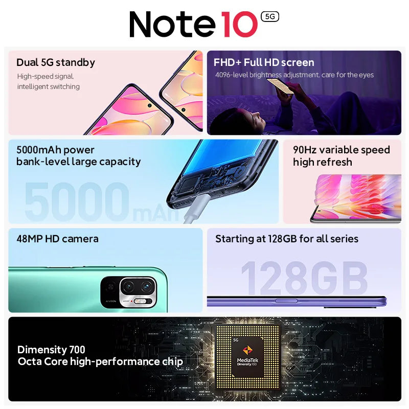 Xiaomi-Smartphone Redmi Note 10, ROM Global, 5G, 128GB/256GB, 7nm, Dimensity 700, pantalla de 6,5 pulgadas, cámara de 48mp, 5000mAh