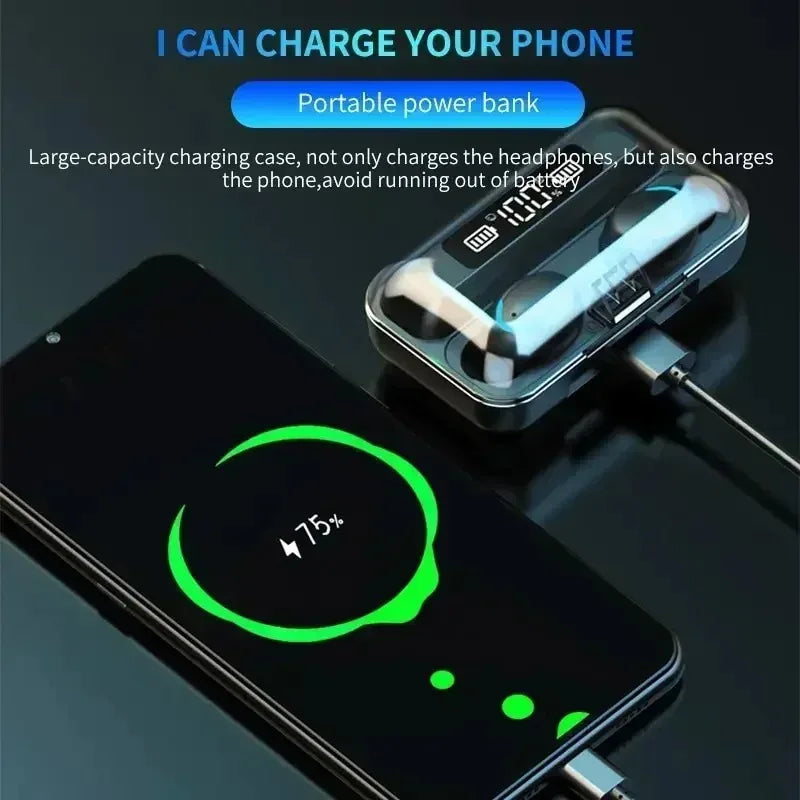 Auriculares inalámbricos TWS con tecnología Bluetooth, cancelación de ruido, sonido estéreo, pantalla LED y micrófono, ideales para practicar deportes.