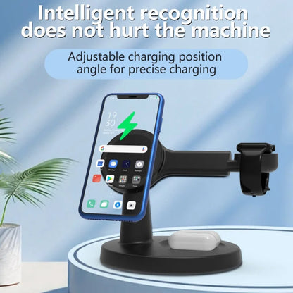 El Soporte de Carga Inalámbrico Tres en Uno para Teléfonos Móviles y Auriculares Ofrece Carga Rápida de 15W y Es Compatible con Relojes IOS