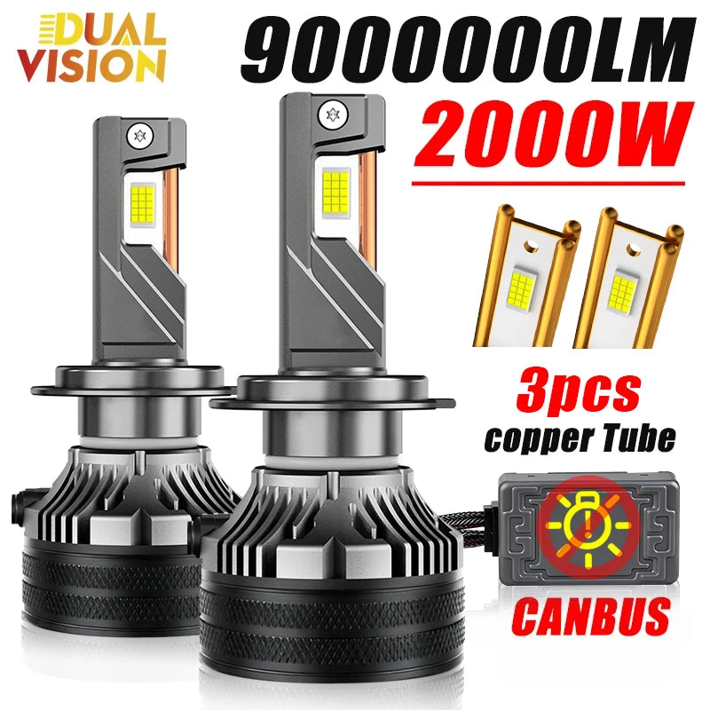 Faros LED H7 H11 de 2000W, 9000000LM, Lámparas LED Canbus para Auto, H1 H4 H8 9005 9006 HB3 HB4 9012 HIR2, Luces Antiniebla para Auto, 3 Tubos de Cobre