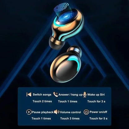 Auriculares inalámbricos TWS con tecnología Bluetooth, cancelación de ruido, sonido estéreo, pantalla LED y micrófono, ideales para practicar deportes.