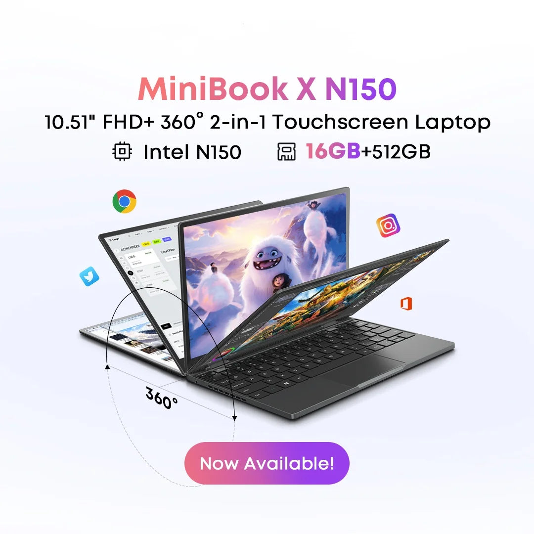 Portátil 2 en 1 con Pantalla Táctil CHUWI MiniBook X, Intel N150, 16 GB LPDDR5, SSD de 512 GB, Resolución FHD de 10.51 Pulgadas y 1920x1200, Ultradelgado
