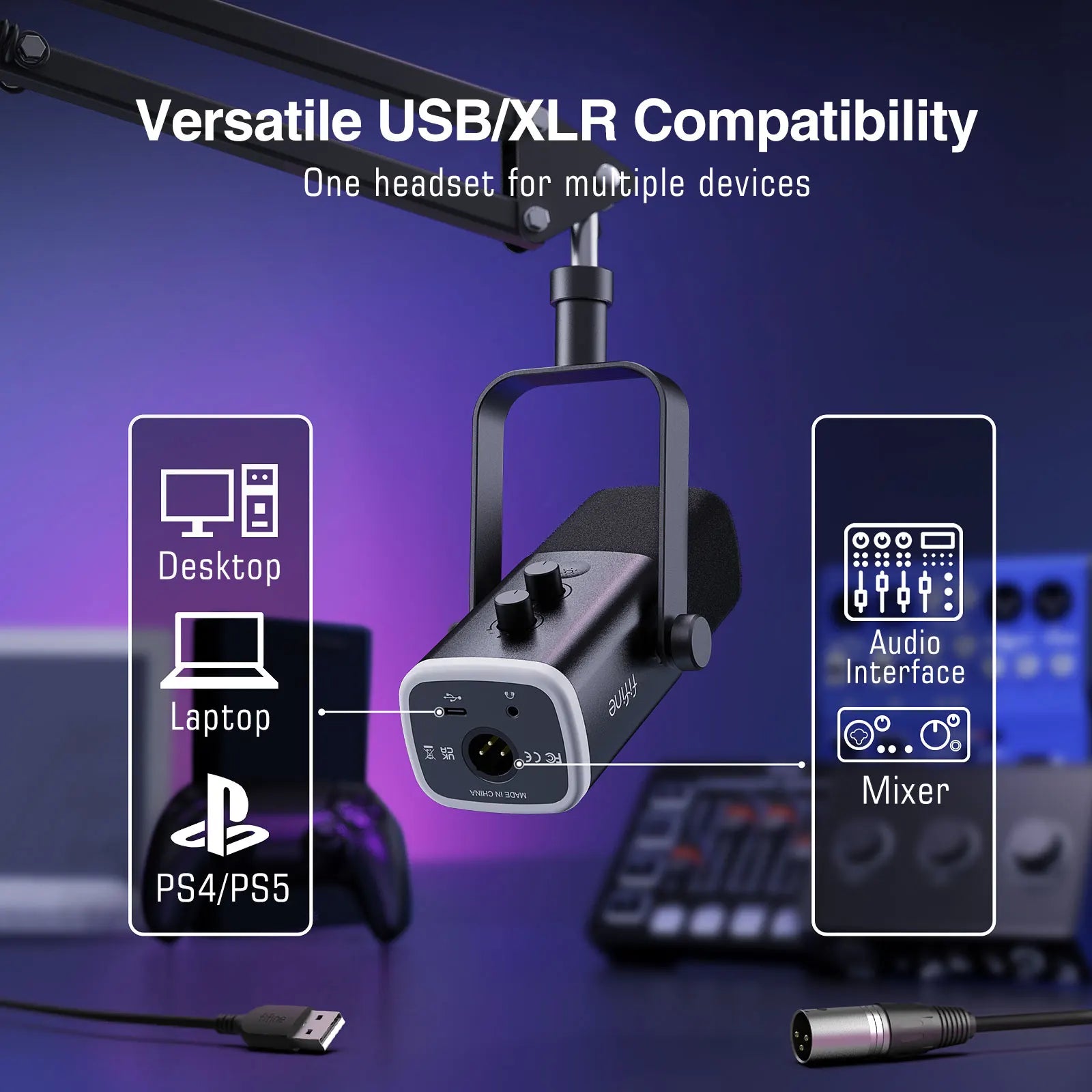 Kit de micrófono para juegos FIFINE XLR/USB con conector para auriculares/silencio/RGB/soporte de brazo, juego de micrófono dinámico para PC PS5/4 mezclador amplificador AM8T