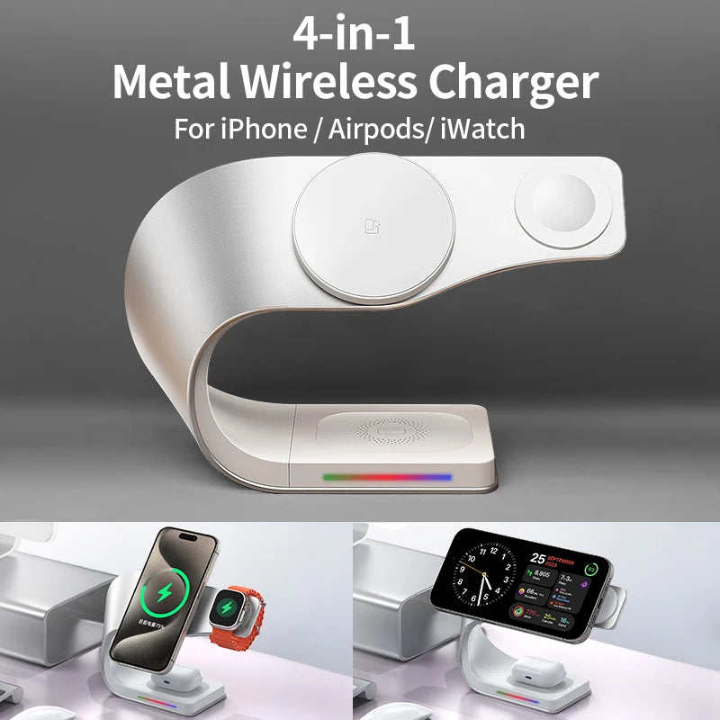 Cargador Inalámbrico Magnético Qi de 15W, 4 en 1, Carcasa Metálica, Estación de Carga Rápida de 15W para iPhone 12-17, Teléfonos Móviles, Airpods y Relojes