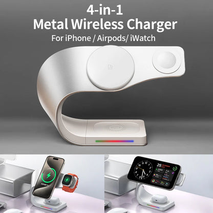 Cargador Inalámbrico Magnético Qi de 15W, 4 en 1, Carcasa Metálica, Estación de Carga Rápida de 15W para iPhone 12-17, Teléfonos Móviles, Airpods y Relojes