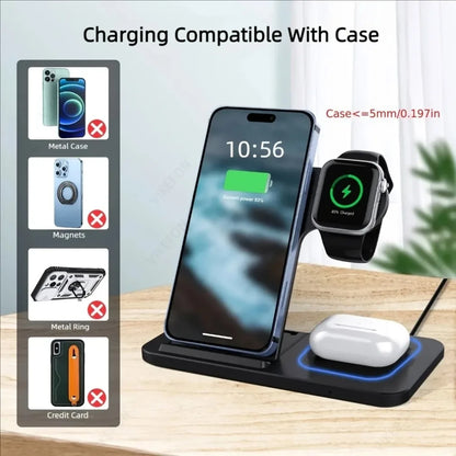 Estación de Carga Inalámbrica Plegable 3 en 1 para iPhone 17 16 15 14 13 12 Pro Max, iWatch 11, Airpods Pro 4/3, Base de Carga Rápida