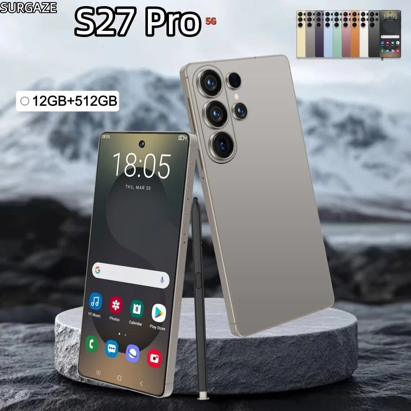 SURGAZE ﻿   Nuevo teléfono inteligente S27 Pro de 6.6 pulgadas, inteligente, 4G 5G, doble tarjeta, doble modo de espera, sistema Android, 12GB+512GB, versión global