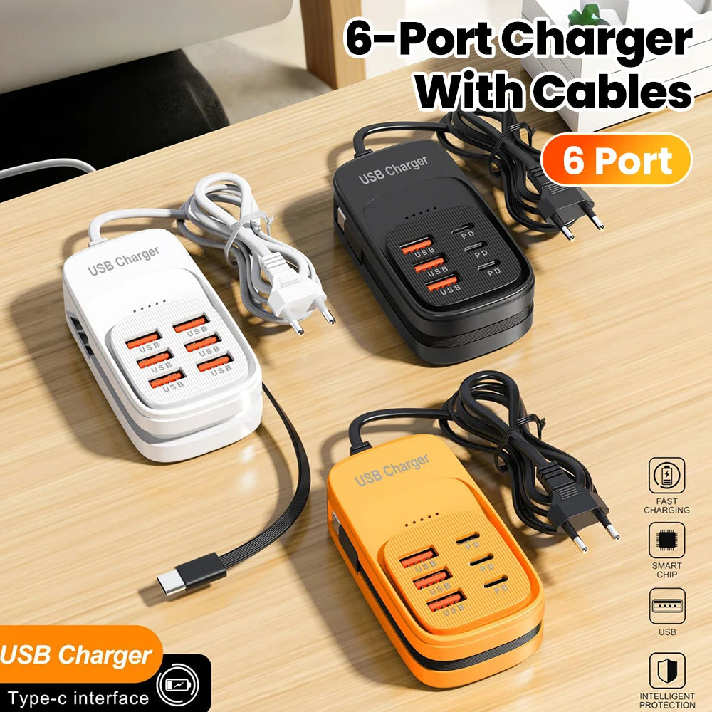Estación de Carga USB Multi-Puerto 6 en 1, 3PD 3USB, Regleta de Escritorio, Adaptador de Carga Rápida, Enchufe EU, UK, US, Enchufe de Viaje