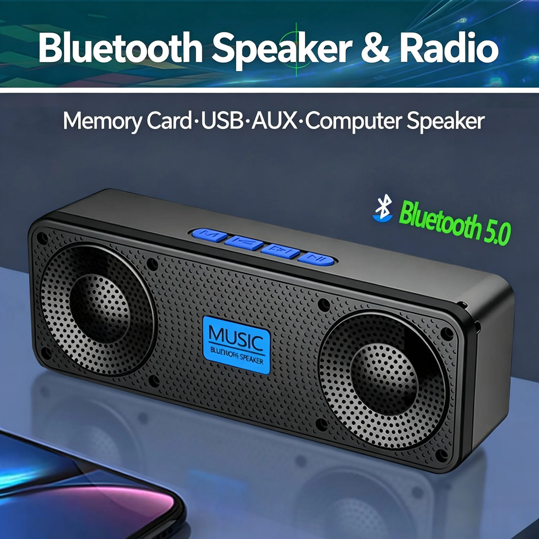 Altavoz Bluetooth S18 con Subwoofer, Radio FM, Batería de 20 Horas, Resistente al Agua, Estéreo para Teléfono/PC, para Exteriores