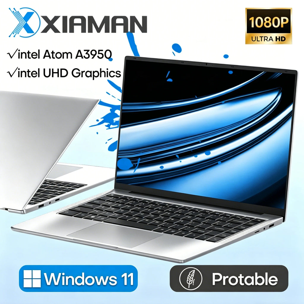 Computadora Portátil Xiaman con Pantalla HD de 14.1 Pulgadas, Windows 11 Pro, Intel Atom A3950, Ligera, para Oficina y Estudio
