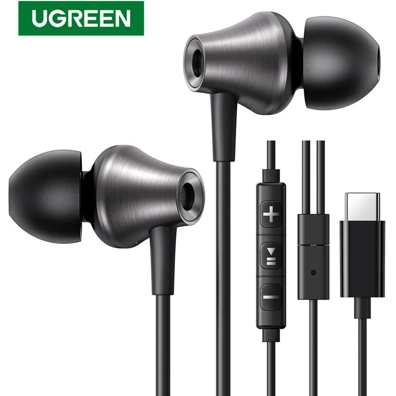 UGREEN Auriculares con cable USB tipo C de 3,5 mm con micrófono, auriculares con cable en la oreja Estéreo HiFi, para la mayoría con conector de 3,5 mm